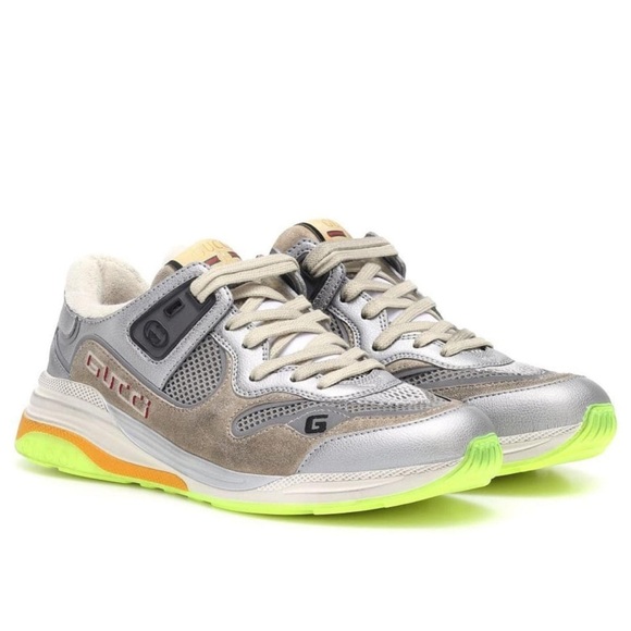 EUC Women’s Size 8 (Euro Sz 38) Gucci Ultrapace Sneakers In Silver Metallic/Lime - Picture 1 of 14